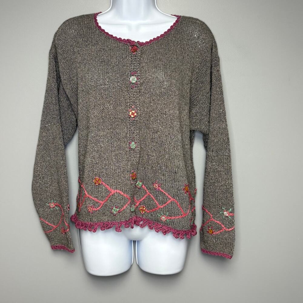 VTG Tika Grandmacore Cottagecore Floral Embroidered Hand Knit‎ Cardigan Sz L